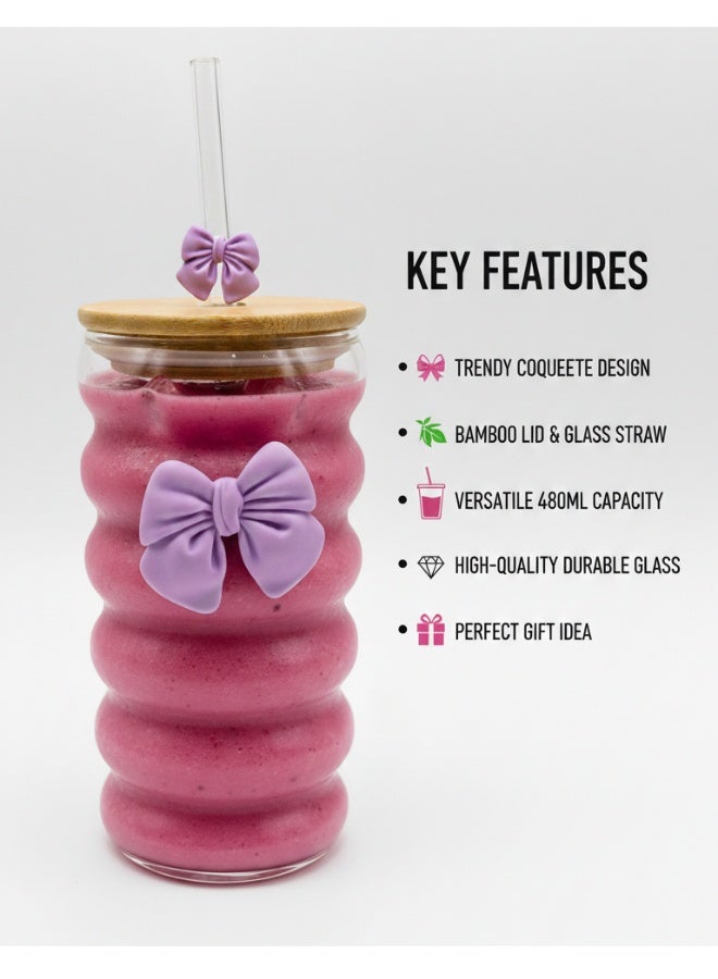 Premium 480ml Ribbed Glass Tumbler with Bamboo Lid & Glass Straw – Cute Aesthetic Iced Coffee Cup Featuring 3D Purple Bow Decoration – Reusable Wavy Drinking Jar for Smoothies, Boba Tea, Mojito, Juice, Soda & Cocktails – Trendy Coquette Style Glassware Gift for Women & Girls – High-Quality Borosilicate Glass Sipper - Image 4